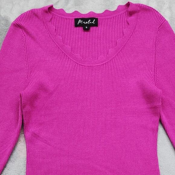 Marled Sweater Womens S Pink Scalloped Scoop Neck Ribbed Stretch Knit Pullover - Picture 2 of 10